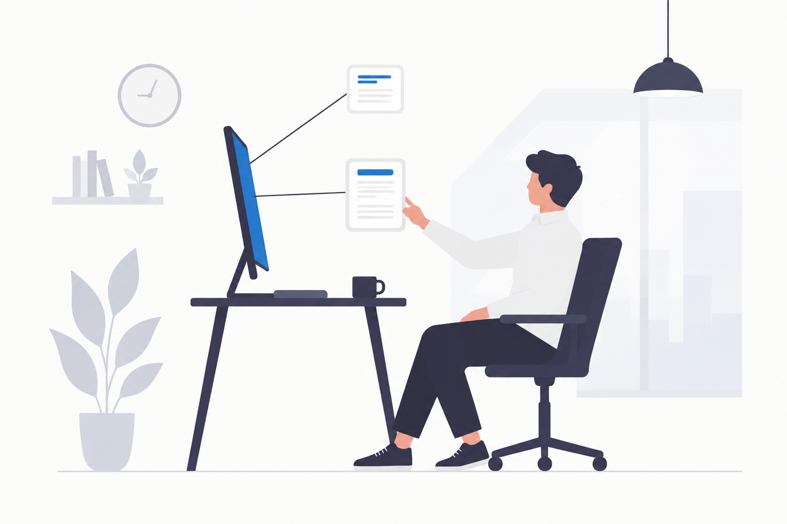 Illustration of a man reviewing project documents at his desk
